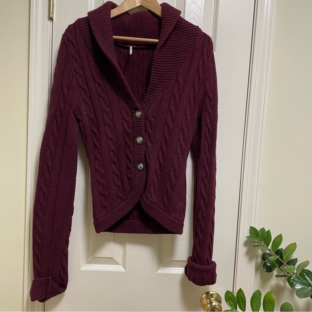 Free People OB461242 burgundy Heat Viceroy Short Shawl Collar Fitted Cardigan M